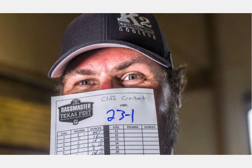 The judges record each weight on a special waterproof scorecard as well as enter it into BASSTrakk, which will be the unofficial leaderboard throughout the day. Here Cliff Crochet shows his scorecard during last yearâs event.