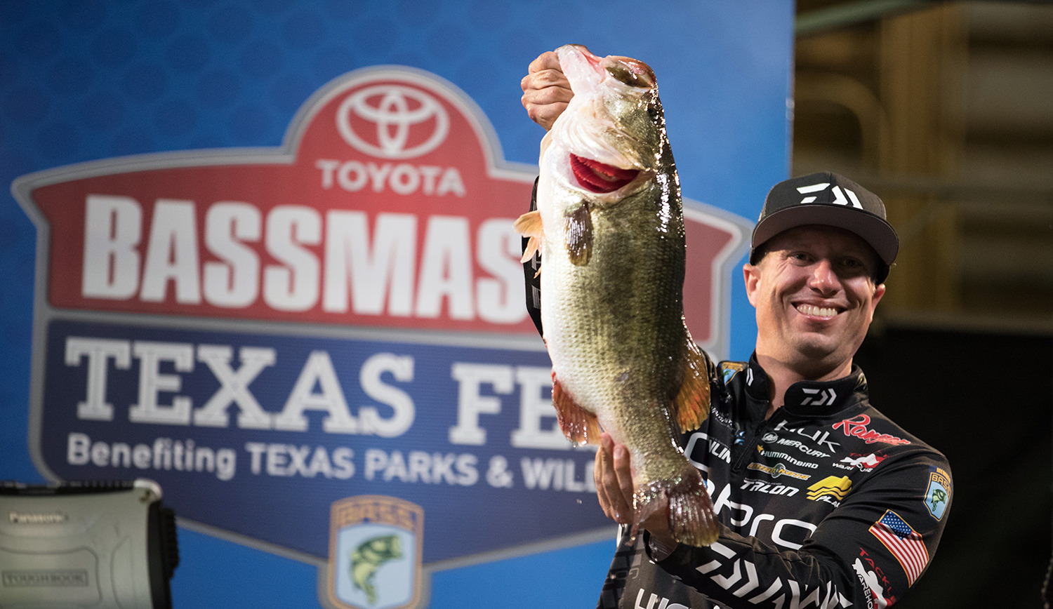On Sam Rayburn last year, Brent Ehrler brought the biggest fish to the weigh-ins, this 9-pound, 1-ounce behemoth. His lunker set the high mark on Day 1.