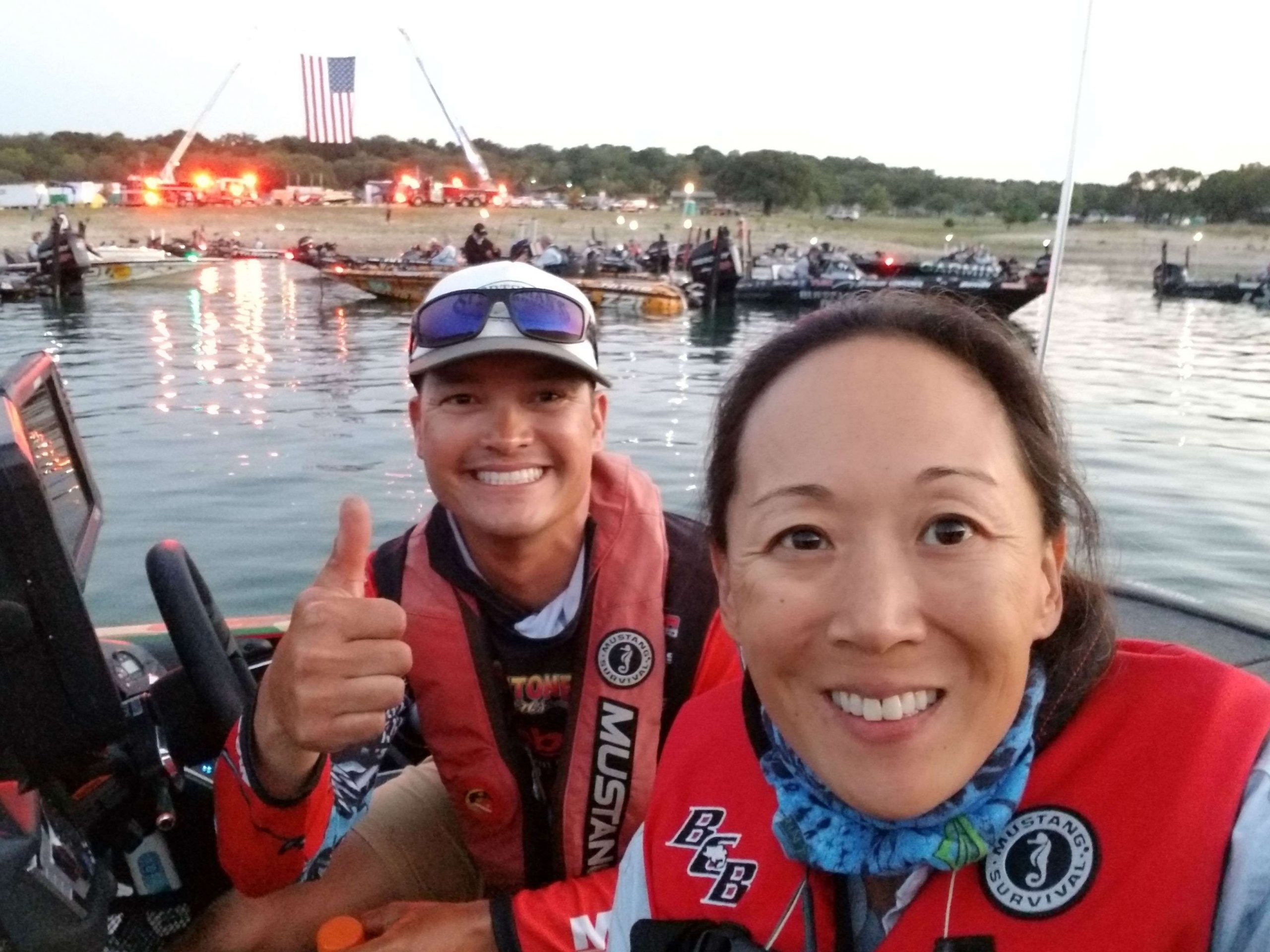 Bassmaster Judge Holly Keen ready to take off on Day 1 with Chris Zaldain. 