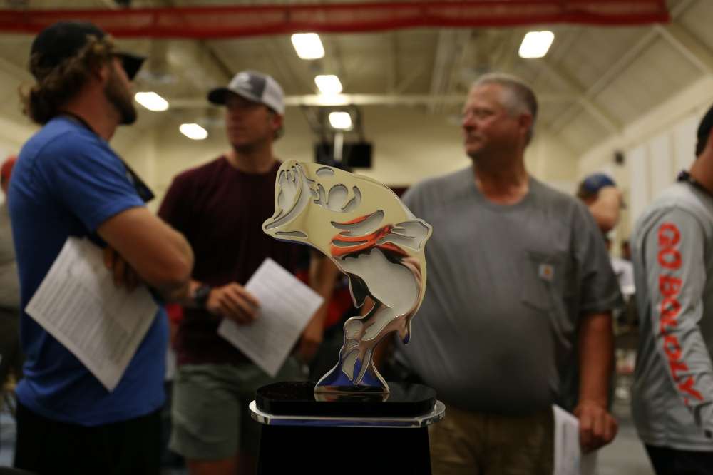 All the anglers file past the trophy they'd like to be taking home on Saturday. 