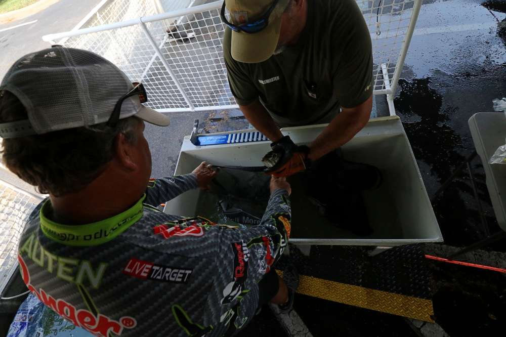 Here bass are checked before being weighed. 