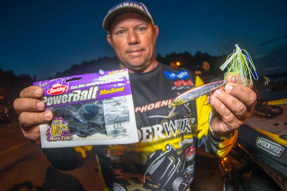 Bobby Lane Jr. used a creature bait, jerkbait and swim jig to finish seventh. A 4-inch Berkley Powerbait Maxscent Creature Hawg, 5/0 Lazer Trokar Big Nasty Flippin Hook, and 3/8-ounce 3/8-ounce Flat Out Tungsten Flipping Weight was a top choice. So was a 3/8-ounce 4x4 Bobby Lane Signature Series Jerkbait. A Dual Hardcore Jerkbait produced reaction bites. 
