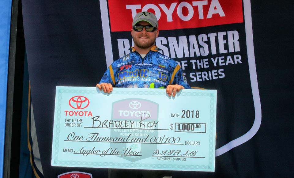Bradley Roy takes home $1,000 for leading on the Toyota Bassmaster Angler of the Year points race. 