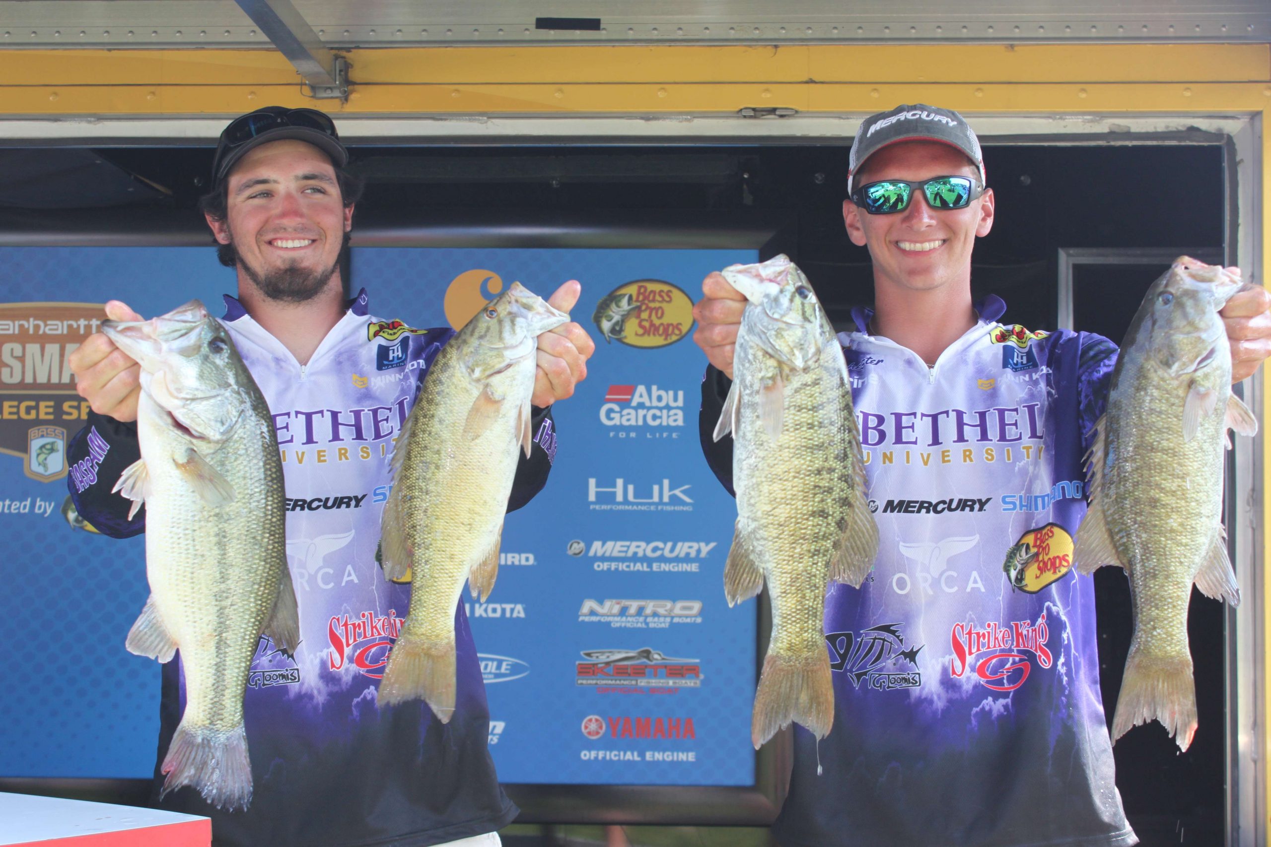 Ryan Winchester and Tyler Black of Bethel didnât make the cut, but Black did produce the big bass so far in the tournament. Thatâs him on the left, with the 4-7 bass at far left. 