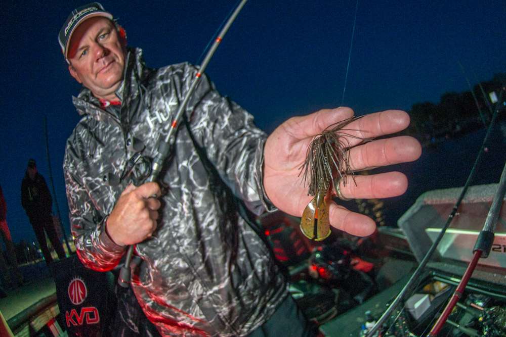 A 1/2-ounce Strike King Denny Brauer Structure Jig and 4-inch Strike King Rage Twin Tail Menace Grub, green pumpkin for both, was a top choice. 