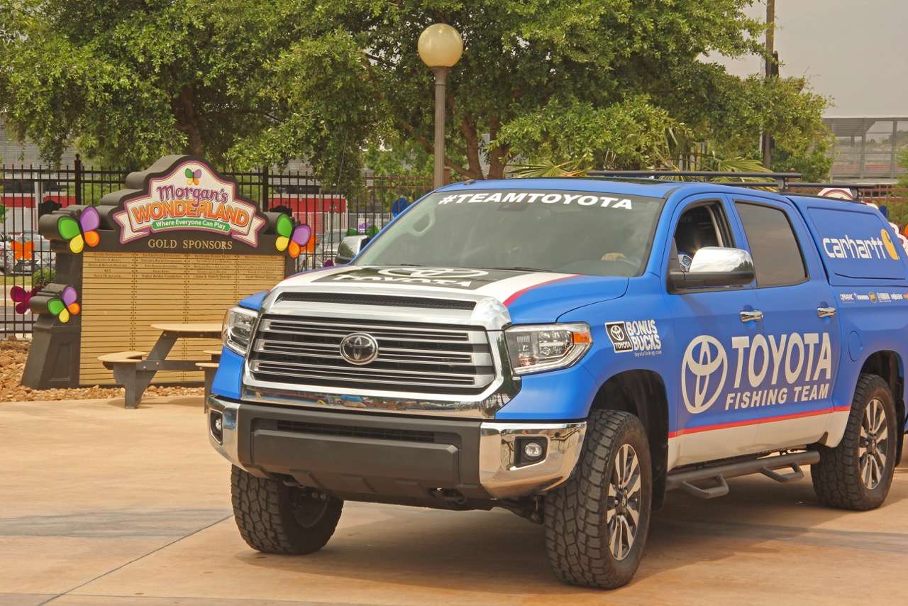 Scroggins rolls slowly into the park in his Yamaha wrapped Toyota Tundra. He also visited the park in 2013.