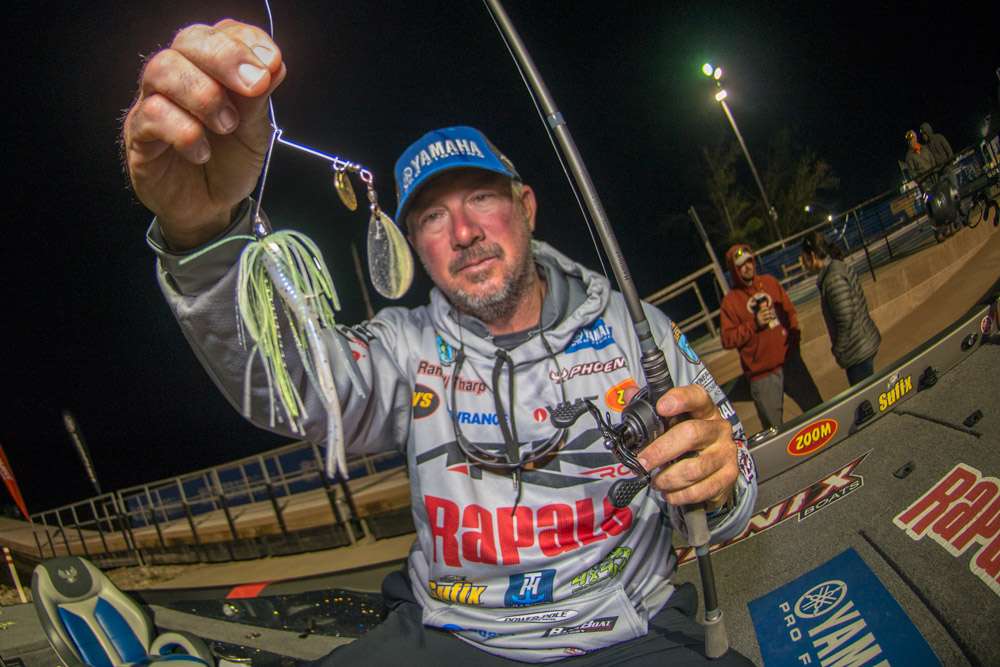 To finish ninth Randall Tharp fished a spinnerbait, crankbait and jig for varying moods of spawning phase bass. A 3/8-ounce War Eagle Nickel Spinnerbait with Colorado-Indiana blade combination and Zoom Split Tail Trailer was a choice for slow rolling. 
