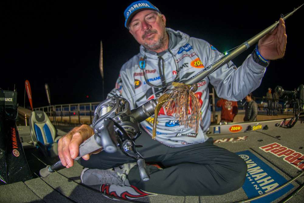 For slower presentations he used a 7/16-ounce V&M Pacemaker Skipping Jig with 2-inch Zoom Super Chunk Jr. 

