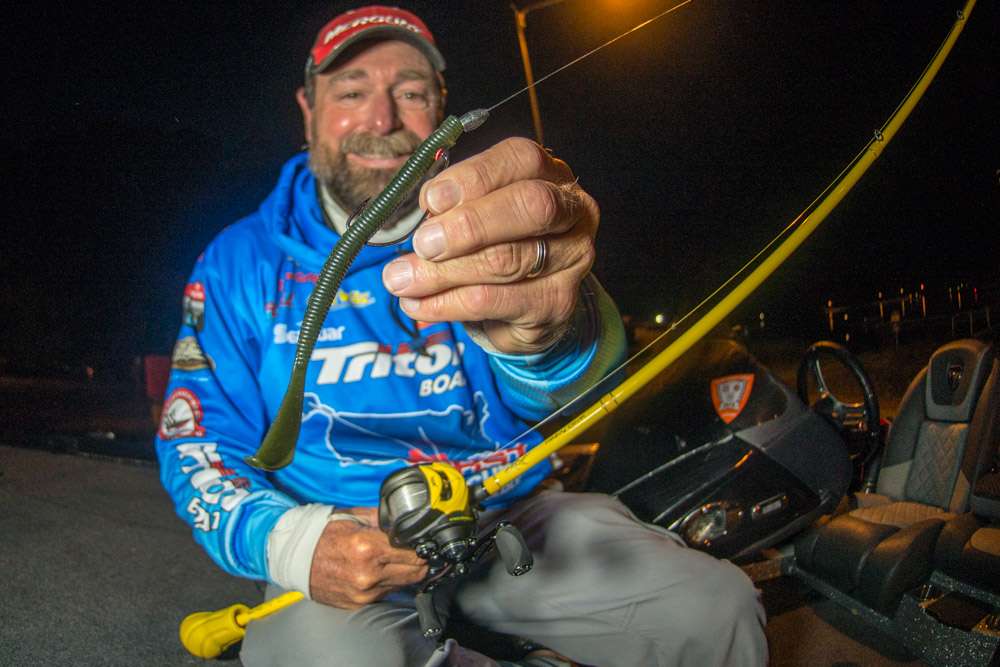 It was no surprise that flipping and pitching to bedding bass was a key tactic for 11th place finisher Shaw Grigsby. The new 7-inch Strike King Mag Cut-R Worm with 6/0 Lazer Trokar TK 120 MagWorm Hook and 1/4-ounce tungsten weight was a top choice.  