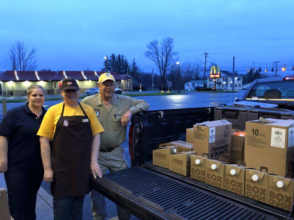 While volunteers were setting up at Oneida Shores, a donation of coffee, hot chocolate, bagels and donuts was being picked up thanks to Dunkin Donuts of Brewerton. 