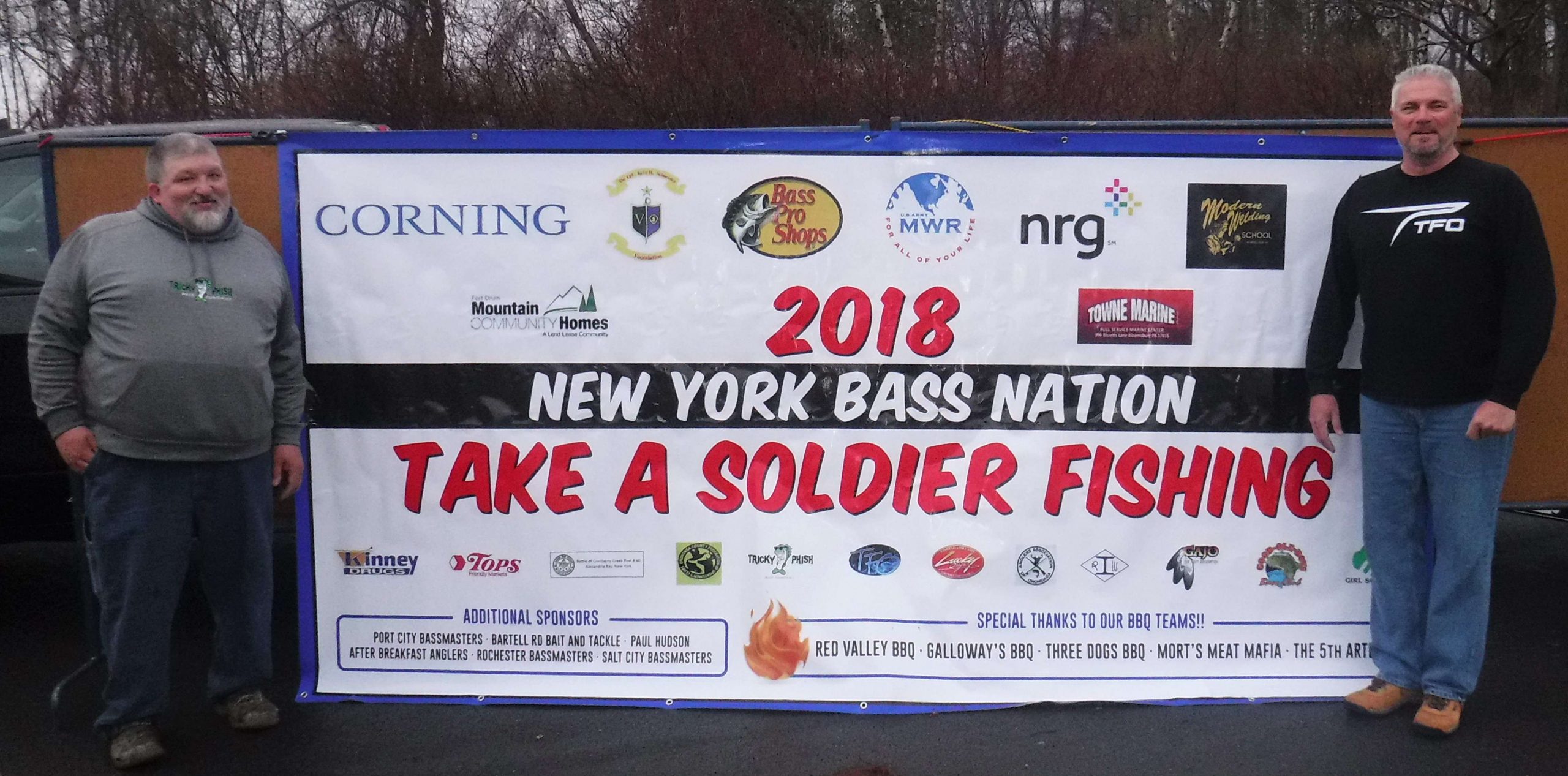 Peter Knight (President, NY B.A.S.S. Nation) on the left.  Burnie Haney (organized boaters) on the right. This event would not be not possible without the support of the community. NY DEC allowed the soldiers to fish for free and Onondaga Parks Dept opened their facilities for our use.