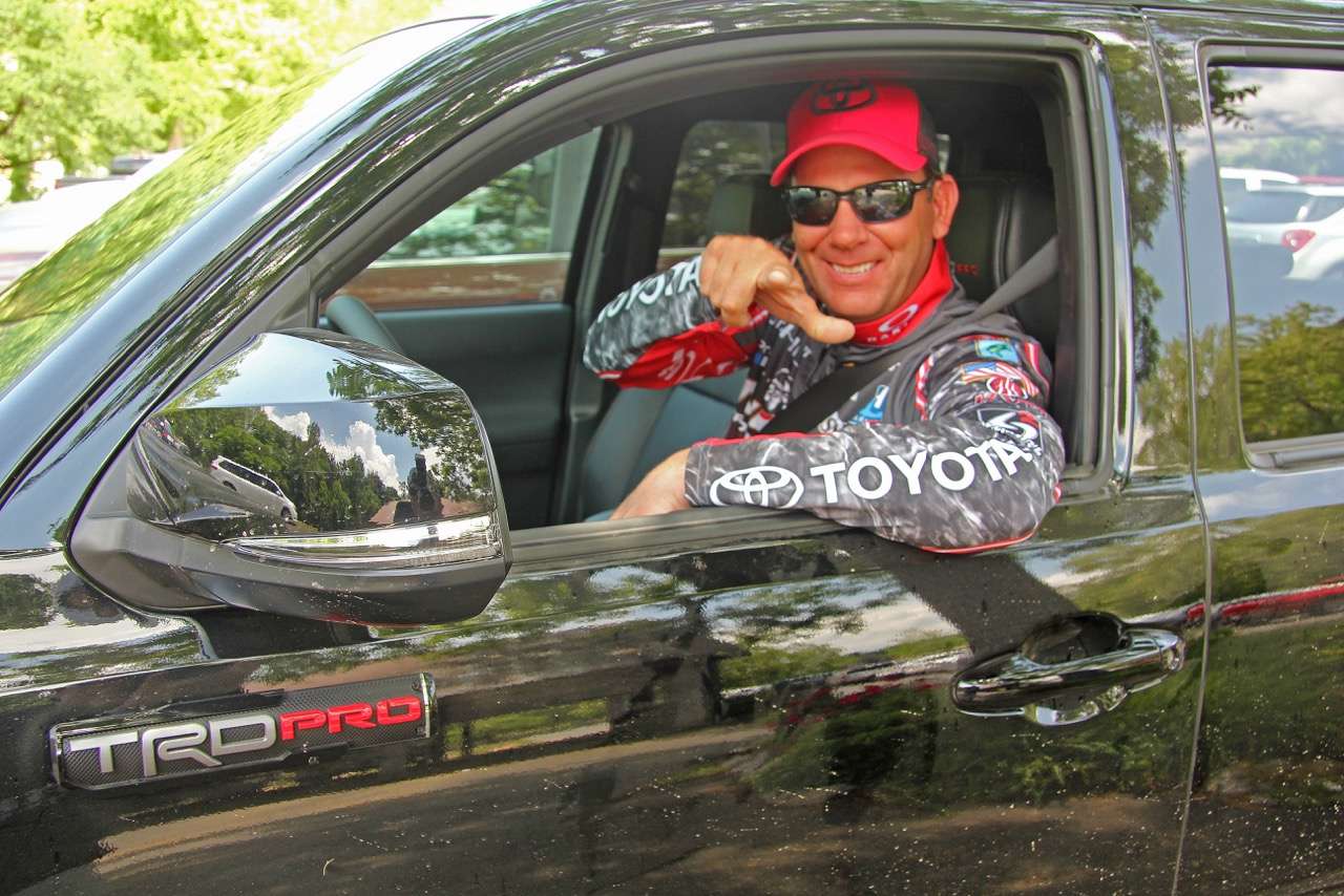 Kevin VanDam grins over the chance to drive a Tacoma much like his twin sons Jackson and Nicholas drive. This one is a TRD Pro complete with skid plate and Crawl Control that modulates the throttle and brakes over difficult terrain. 