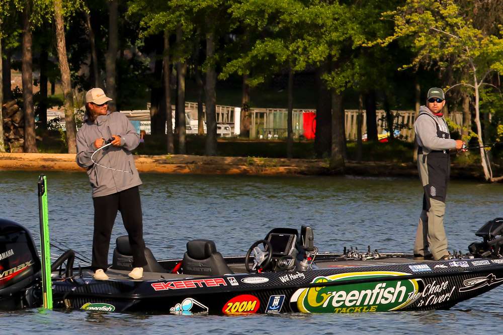 See early tournament action from Lake Norman for the Bass Pro Shops Bassmaster Open Eastern #2.
<br><br>
Co-angler Tyler Quackenbush of Mattawan, Mich., sets the hook.