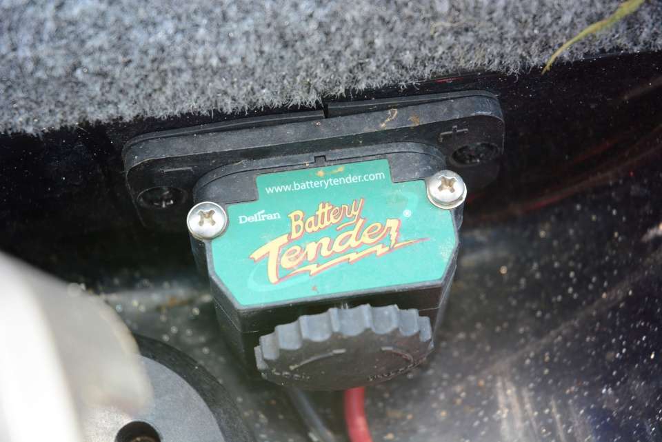Inside the trolling motor recess is a Battery Tender that provides a direct power source for accessories. 