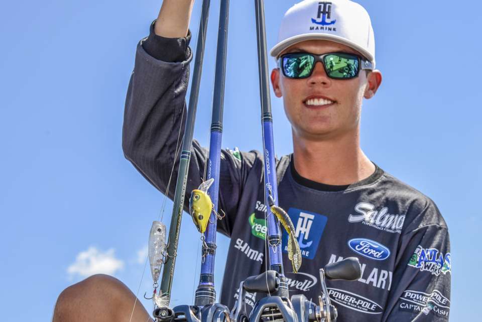 <b>Sam George</b><br>
An early morning topwater bite and cranking pattern later on paid off with an eighth-place finish for Sam George. His topwater choice was a Salmo Fury Pop, featuring a white tail feather for enticing strikes. 
