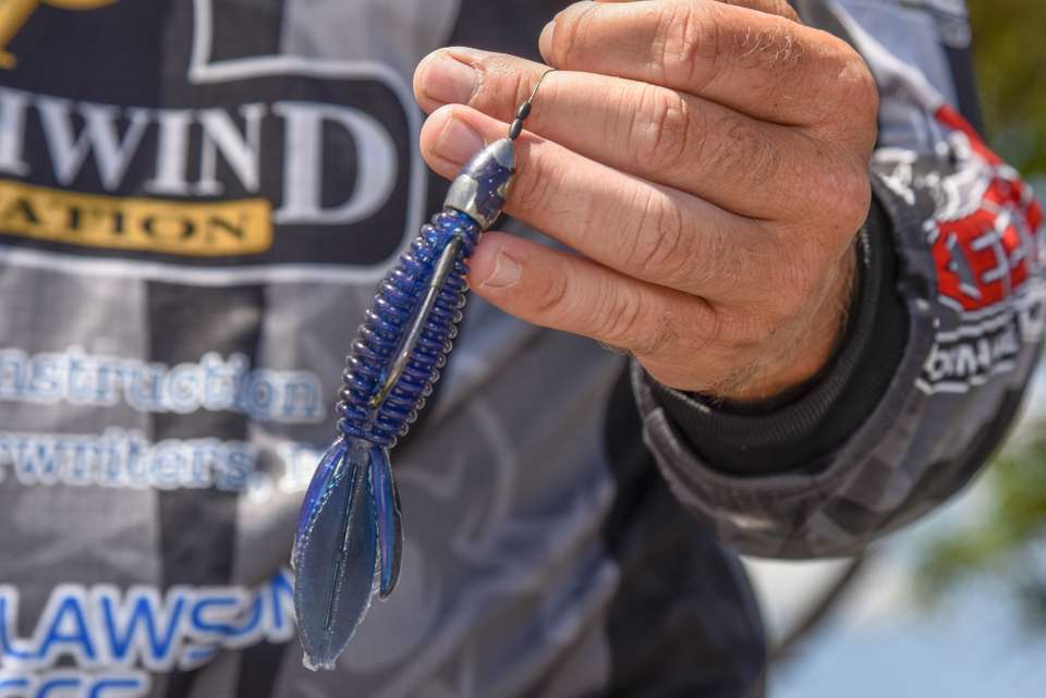 That choice was a Reaction Innovations Sweet Beaver 4.20 with 5/0 Strike King Hack Attack Heavy Cover Flipping Hook. He alternated between 1- and 1.25-ounce weights.  