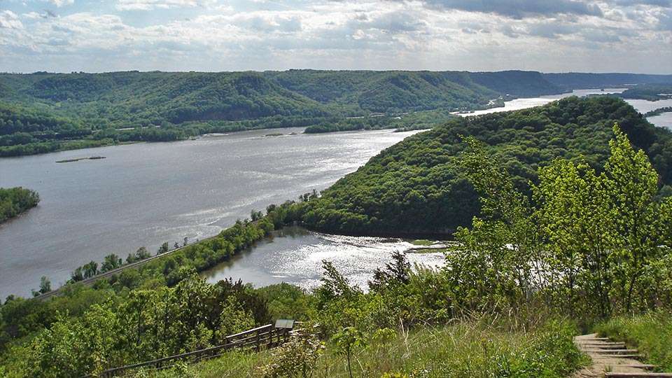 This section of the Mississippi River, as seen from Bradyâs Bluff north of La Crosse, cuts through the hills and runs much clearer than the Muddy Mississippi of the South. The anglers will find plenty of backwater areas to fish as well as main river currents. 


