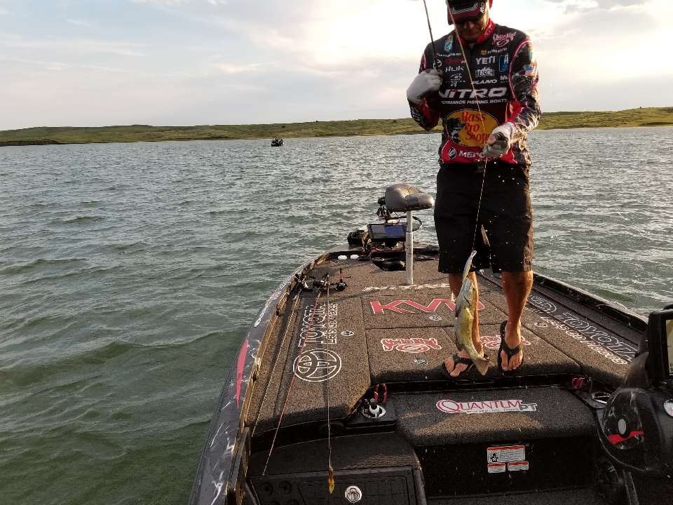 VanDam with fish No. 3 for Day 1 on Lake Oahe.
