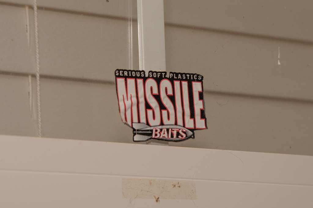 - One of his early sponsors was Missile Baits. This sticker is on one of the windows in his man cave.
