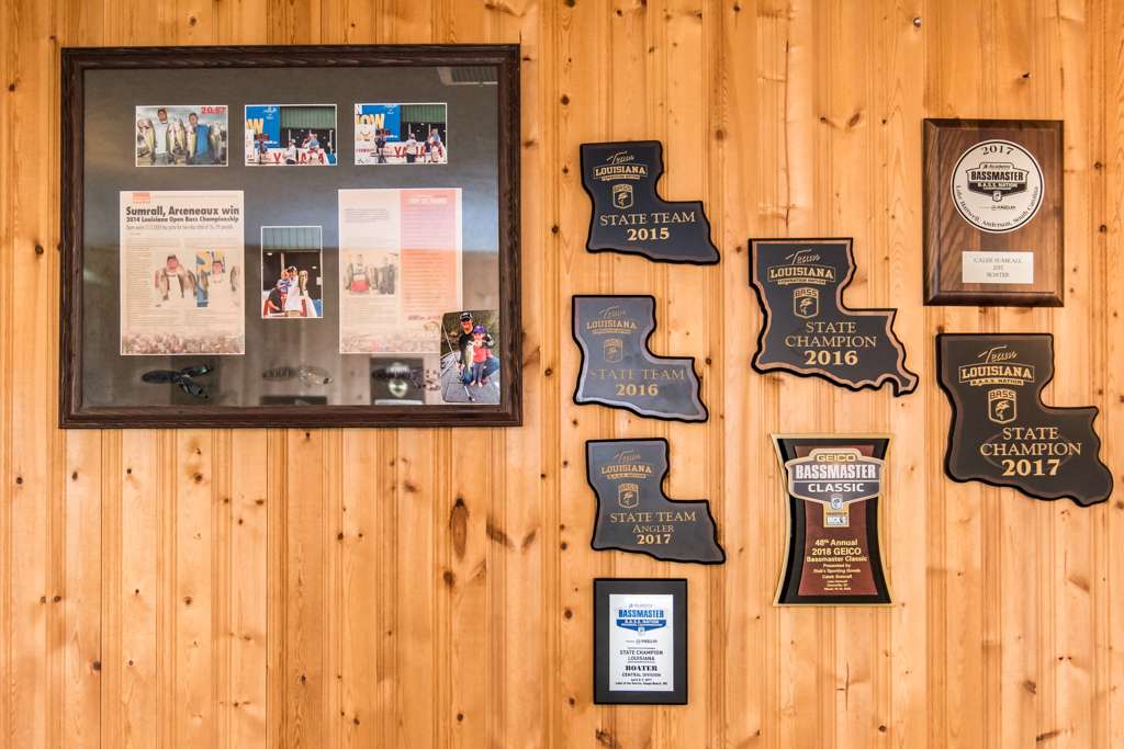 His plaques form his Louisiana B.A.S.S. Nation State Team competitions surround a plaque commemorating his appearance at the 2018 Bassmaster Classic.