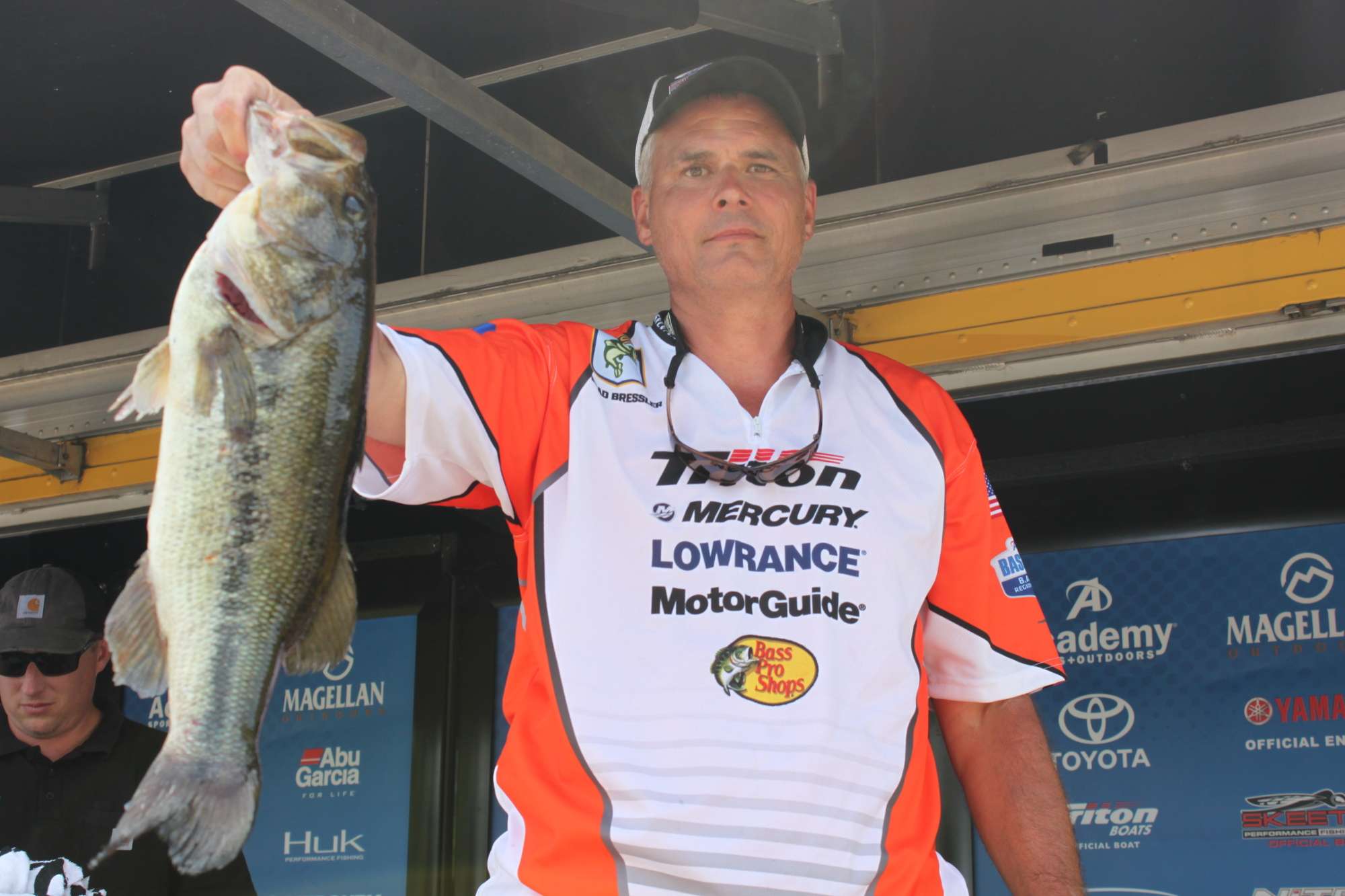 Brad Bressler of Team Pennsylvania has the Big Bass of the Tournament so far with this 5-5 toad he boated Thursday. The boater with the heaviest bass this week will win $500. The non-boater with big bass earns $250.