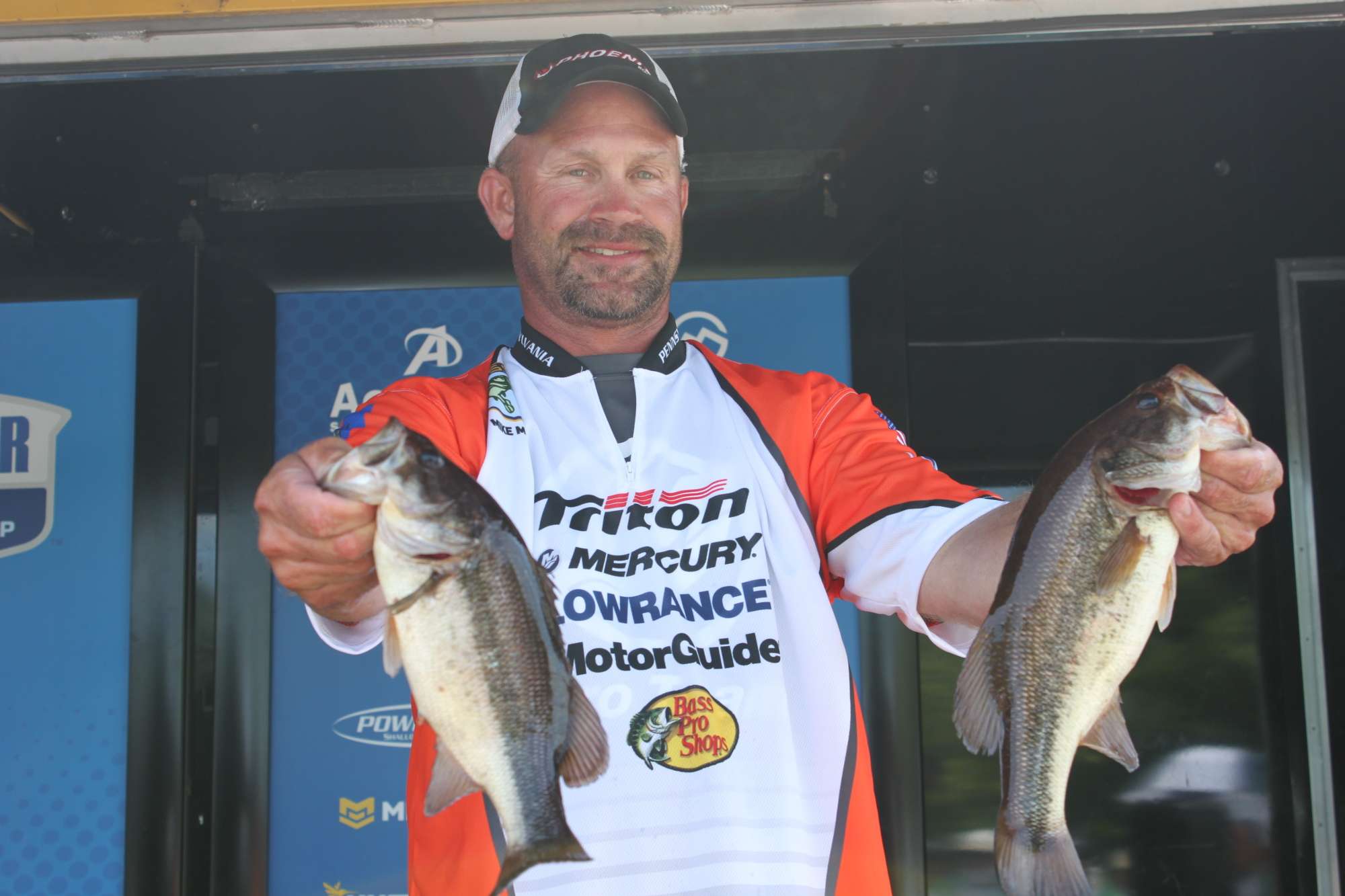 Mike Moran of Team Pennsylvania has a grip on these two bass, as well as 10th place in the boater field. He has 10 bass weighing 15-14 over two days.