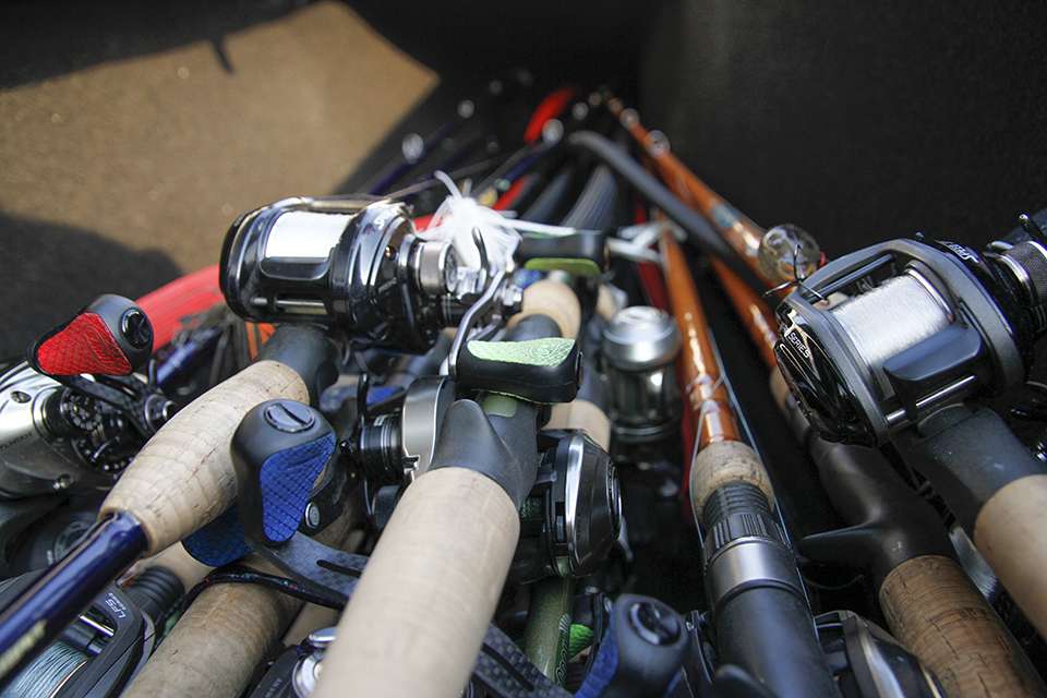 He keeps all of his St. Croix rods and Lews reels all in one place.