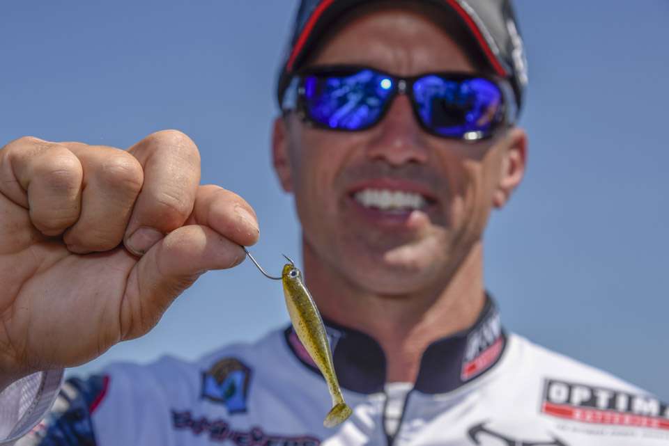 To make it he used a 3-inch Megabass Hazedong Shad, new No. 2 Mustad Teflon Drop Shot Hook and 1/4- or 1/2-ounce weights, depending on wind speed and bass location in the water column. 

