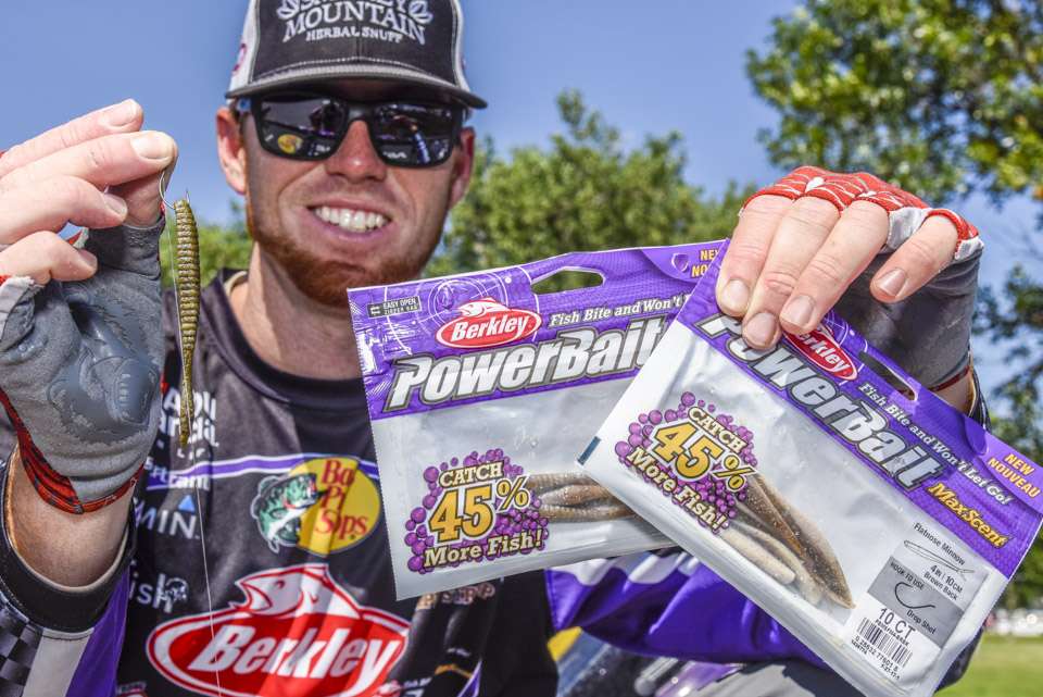 <b>Josh Bertrand</b><br>
To finish eighth, Josh Bertrand used PowerBait MaxScent soft plastics in these styles. The new 4-inch Flat Worm and 4-inch Flatnose Minnow were the choices. He rigged those on No. 1 Berkley Fusion19 Drop Shot Hooks and 1/4-ounce weights. 
