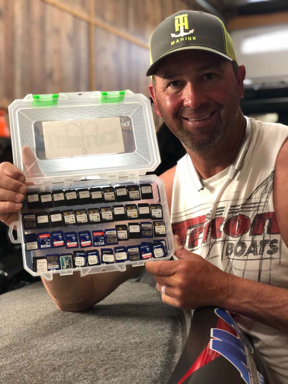 Swindle has found that he can store all of his LakeMaster cards and SD cards filled with waypoints in an open Lure Lock case.