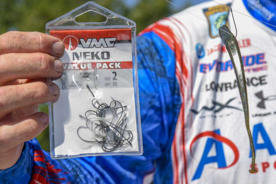 He fished the worm on a No. 2 VMC Ike Approved Neko Hook with 3/8- and 1/2-ounce VMC Cylinder Drop Shot Weights. 
