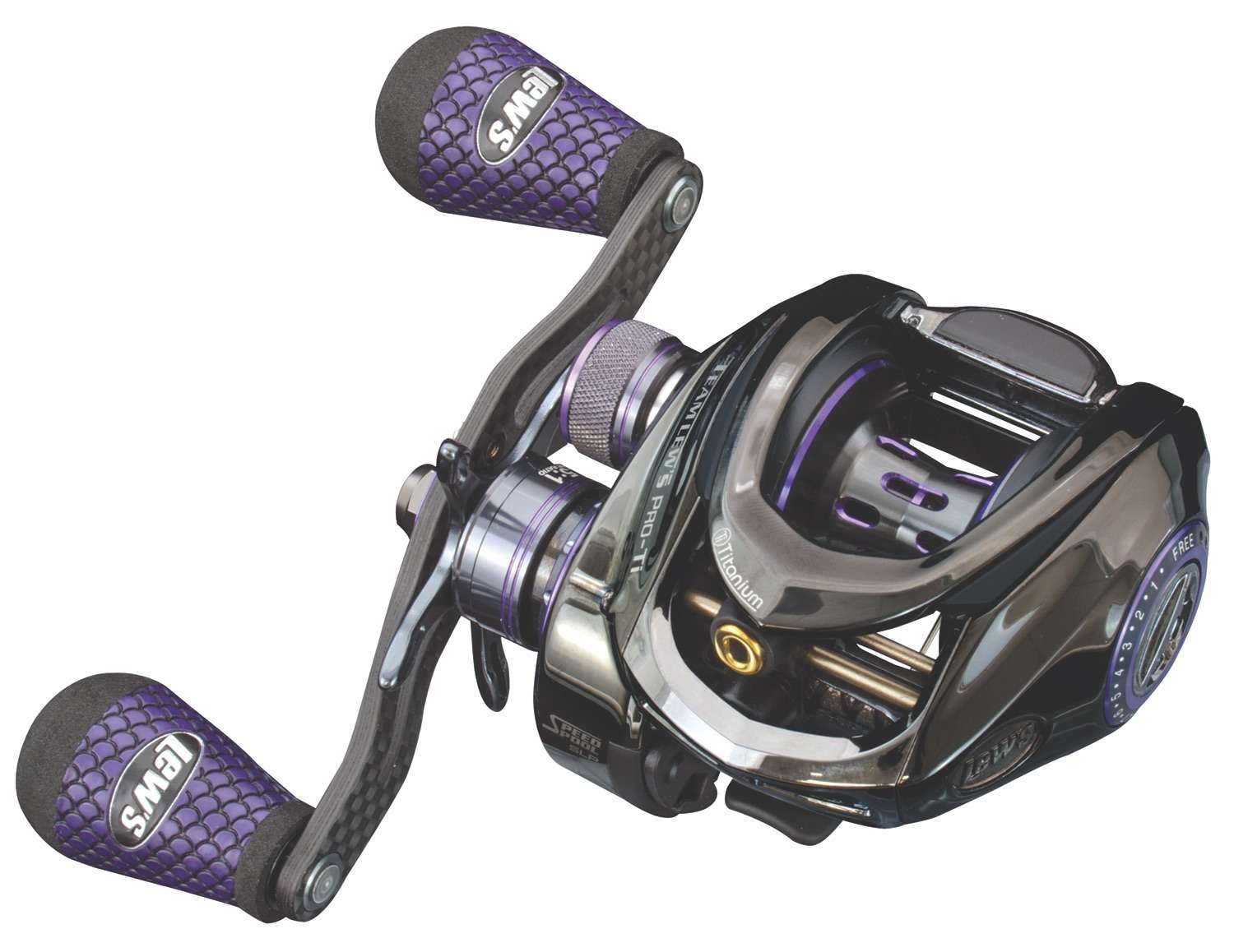 Pro-Ti SLP<br>
Lews<br>
$349.95<br>
Combining a one-piece aluminum frame and aluminum side plates with Titanium composition, this reel is the lightest, toughest reel ever produced by the legendary Lewâs brand to date. Hard aluminum alloy Speed Gears that have been cut on the finest Hamai CNC gear hobbing machine provide precision gear mesh that maximizes smoothness and durability. A premium 11 bearing system with double-shielded Stainless-Steel ball bearings and a Zero Reverse one-way clutch bearing add to the smoothness and durability of this reel.
<br><br>
Not only is the new Pro-Ti SLP light and tough, but itâs also extremely user friendly to make the
anglerâs day on the water a success. The proprietary brake shoe geometry of the externally adjustable six-pin, 27-position QuietCast Adjustable Centrifugal Braking System (ACB) means a quieter and smoother braking system. The exclusive and patented Speed Dial line indicator means no more forgetting what type of line is spooled on each reel, and the patented Speed Keeper hook keeper provides a convenient place to keep baits at the ready when not in use.

