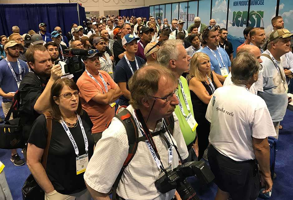 A good-sized crowd waits for the New Product Showcase to open. The American Sportfishing Association (ASA) began taking entries digitally for this convention, making it easier for companies. It's also easier to organize when they bring in their products. Media and buyers will now look over them for two days and then vote for Best of Show in 25 categories.