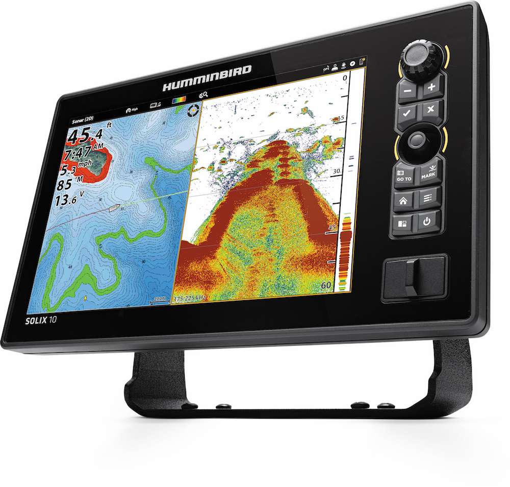 SOLIX 10<br>
Humminbird<br>
$1,199-$2,299<br>
The award-winning Humminbird SOLIX Series now includes a model with a 10-inch screen, Humminbird Basemap, and exclusive features such as Cross Touch Interface, Mega Imaging, CHIRP Digital Sonar, AutoChart Live, Bluetooth connectivity and i-Pilot Link compatibility. The Solix 10 has two models: Solix 10 Mega SI CHIRP GPS and Solix 10 CHIRP GPS. Humminbirdâs ultra-clear Mega Imaging is the first Down and Side Imaging technology to enter the megahertz range with performance thatâs nearly three times greater than traditional 455 kHz frequencies. It results in the clearest, sharpest on-screen images ever seen. Humminbirdâs Cross Touch interface allows anglers to operate the fish finder via touchscreen or with the touchpad. Users can customize the screen with up to four independent viewing panes. Humminbird Basemap showcases freshwater depth contours in 10- and 20-foot increments for more than 10,000 American lakes, and precise coverage of the entire U.S. coastline thanks to NOAA-based charts. The Basemap also includes navigational aids, marker buoys, depths, points of interest and launch locations. AutoChart Live allows anglers to map and save depth contours, bottom hardness and vegetation data on any body of water and is also compatible with i-Pilot Link from Minn Kota for the utmost in boat control.	