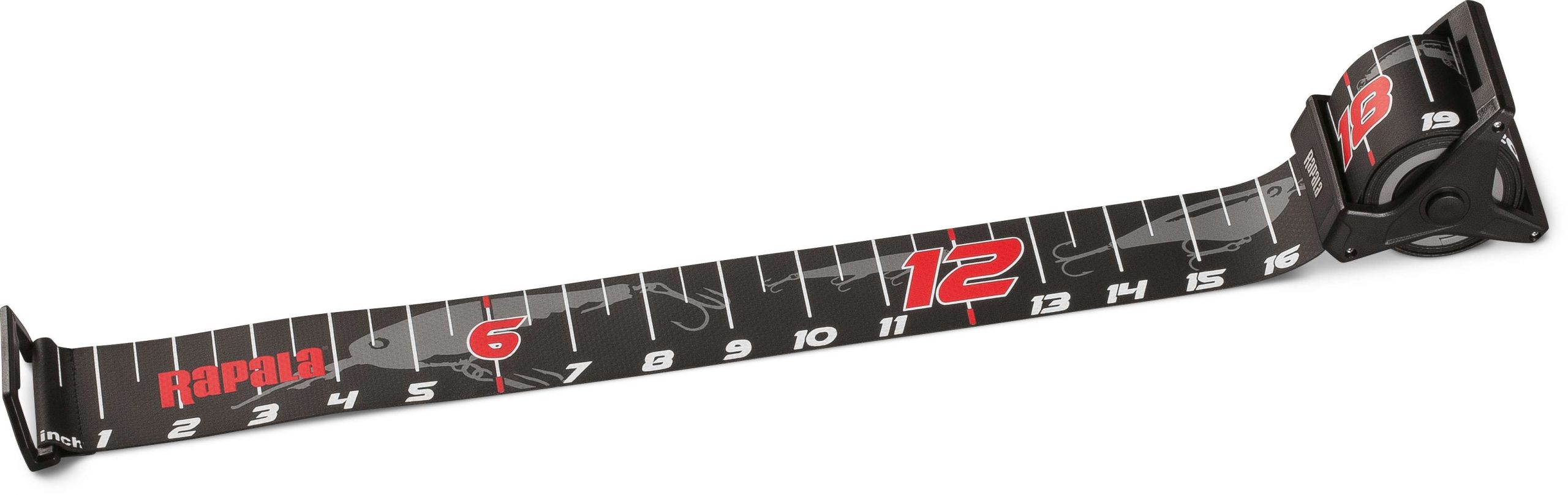 Retractable Ruler<br>	
Rapala<br>
$19.99	<br>
Spring loaded retractable ruler for easy storage with oversized, easy to read numbers, in 1/2-inch increments up to 60 inches. It has a non-reflective surface to ensure lengths show in photos, made from a long-lasting, UV protected, waterproof material. To frost the cake it has a flip-up nose board for accurate measuring.
