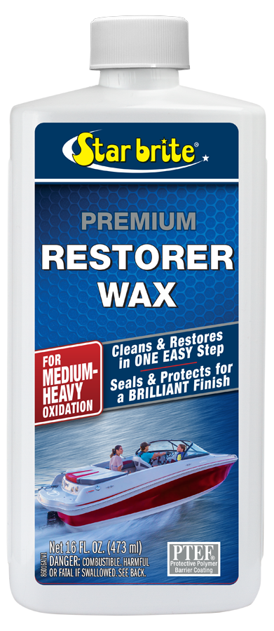 Heavy-Duty Premium Restorer Wax<br>
Star brite<br>
$19.99	<br>
Star brite Heavy-Duty Premium Restorer Wax is formulated to remove medium to heavy chalk and oxidation without hard rubbing or buffing. In addition to restoring the shine to faded fiberglass, it contains durable polymers to seal and protect the treated surface, as well as UV inhibitors to help prevent fading. Premium Restorer can be applied by hand or with a buffer; it quickly dries to a haze that can be easily wiped off. Because the formula is not as aggressive as a rubbing compound, it can be used without removing excessive amounts of gelcoat. 
