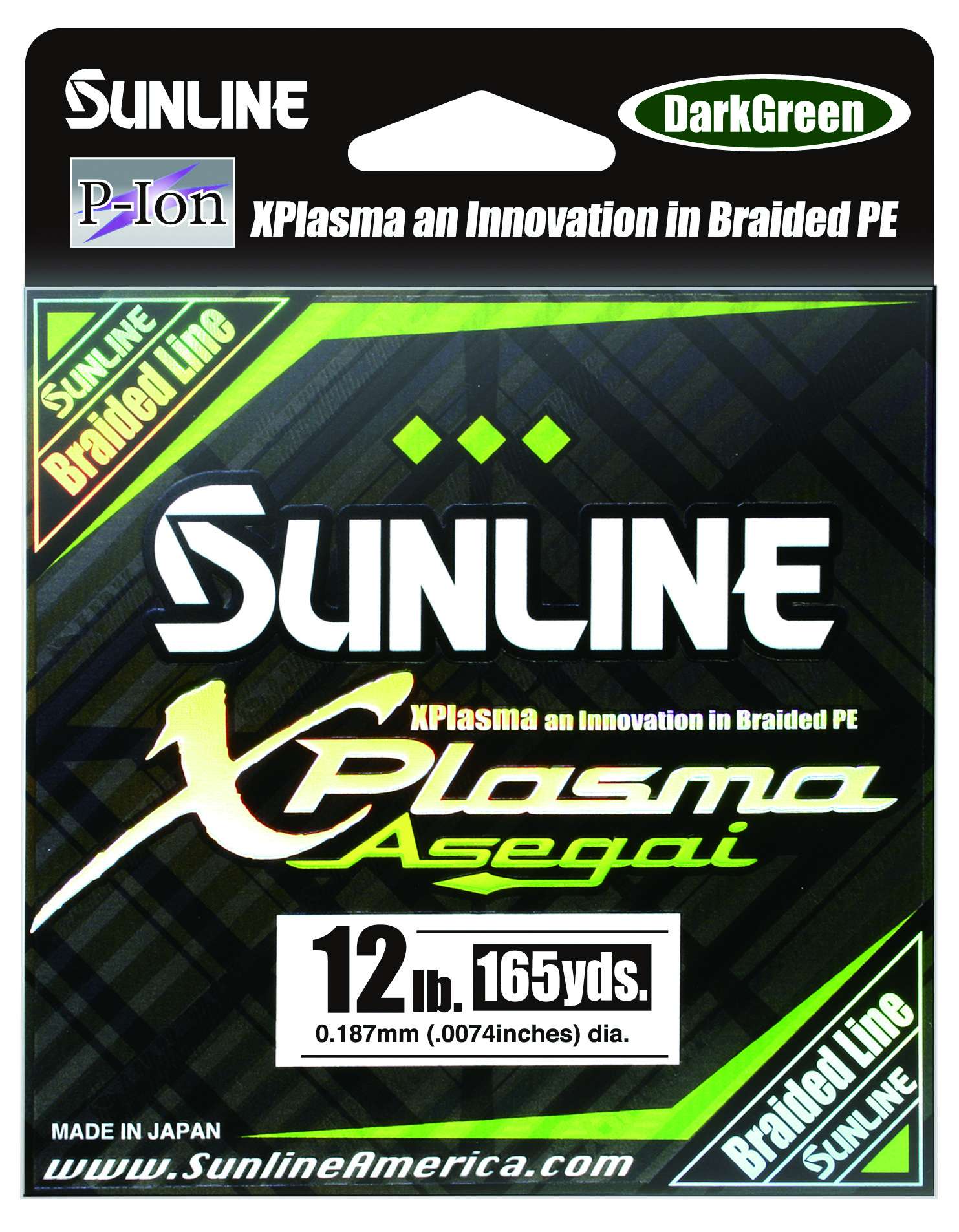 XPlasma<br>	
Sunline<br>
Sunline has once again set the mark in the braided line market with its newest introduction of XPlasma Asegai. Xplasma Asegai is an 8-strand braided line using Izanas braided line construction and is the first braided line to be made with Sunlineâs patented P-Ion process technology. This results in a braided line that has a slicker surface, creating less friction when passing through the rods line guides increasing casting distance, and cutting down on line noise. It is manufactured with strong water repelling characteristics and has improved abrasion resistance increasing the lines performance. 
