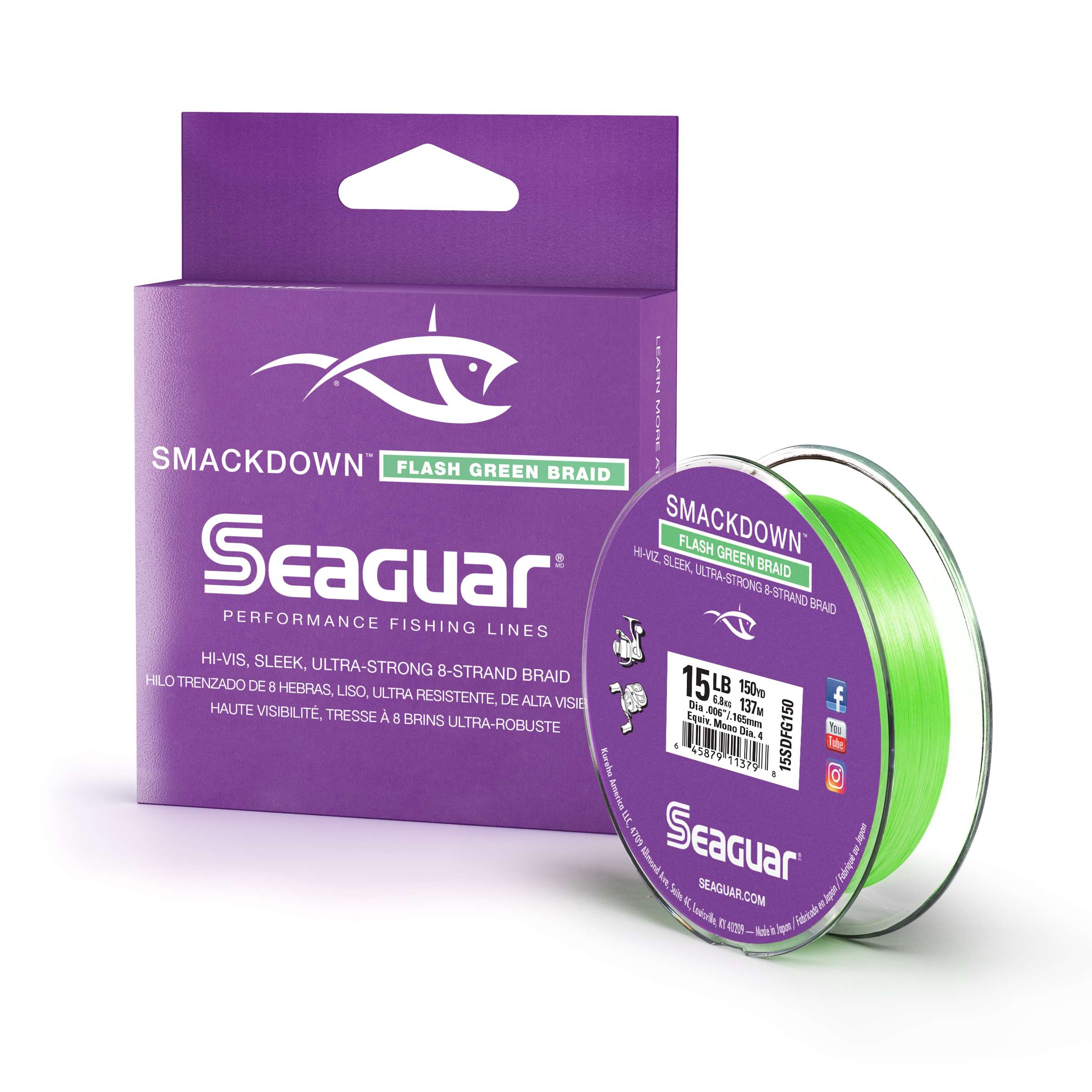 Smackdown Flash Green<BR>
Seagar<BR>
$29.99<BR>
Seaguar Smackdown is an eight-carrier braided line, manufactured with a high-density weave to give it an extremely round profile and an incredibly smooth finish. Youâll appreciate those differences every time you present a bait with Smackdown spooled on your reel, advantages that let you cover more water with every cast, so you can catch more fish each trip. Smackdownâs slick finish also makes it remarkably quiet through the rodâs line guides and eliminates wind knots. Smackdown is truly the ultimate braided line for bass anglers.
<BR>
Seaguar Smackdown â Flash Green assembles all of Smackdownâs key advantages and capabilities into a high-visibility braided line that is perfect for finesse applications and other times that strikes are detected not by feel, but by sight. Combine Smackdown â Flash Green with a Seaguar 100 percent fluorocarbon leader to enjoy the best of both worlds: slick, strong, and highly visible above the water; supple, abrasion-resistant, and nearly invisible below. 
<BR>
Seaguar Smackdown â Flash Green will be available in four popular tests, ranging from 10-pound test (2-pound mono diameter equivalent) to 30-pound test (8-pound mono equivalent) in 150-yard spools. Look for Smackdown â Flash Green on shelves in early 2019 with MSRP .  
