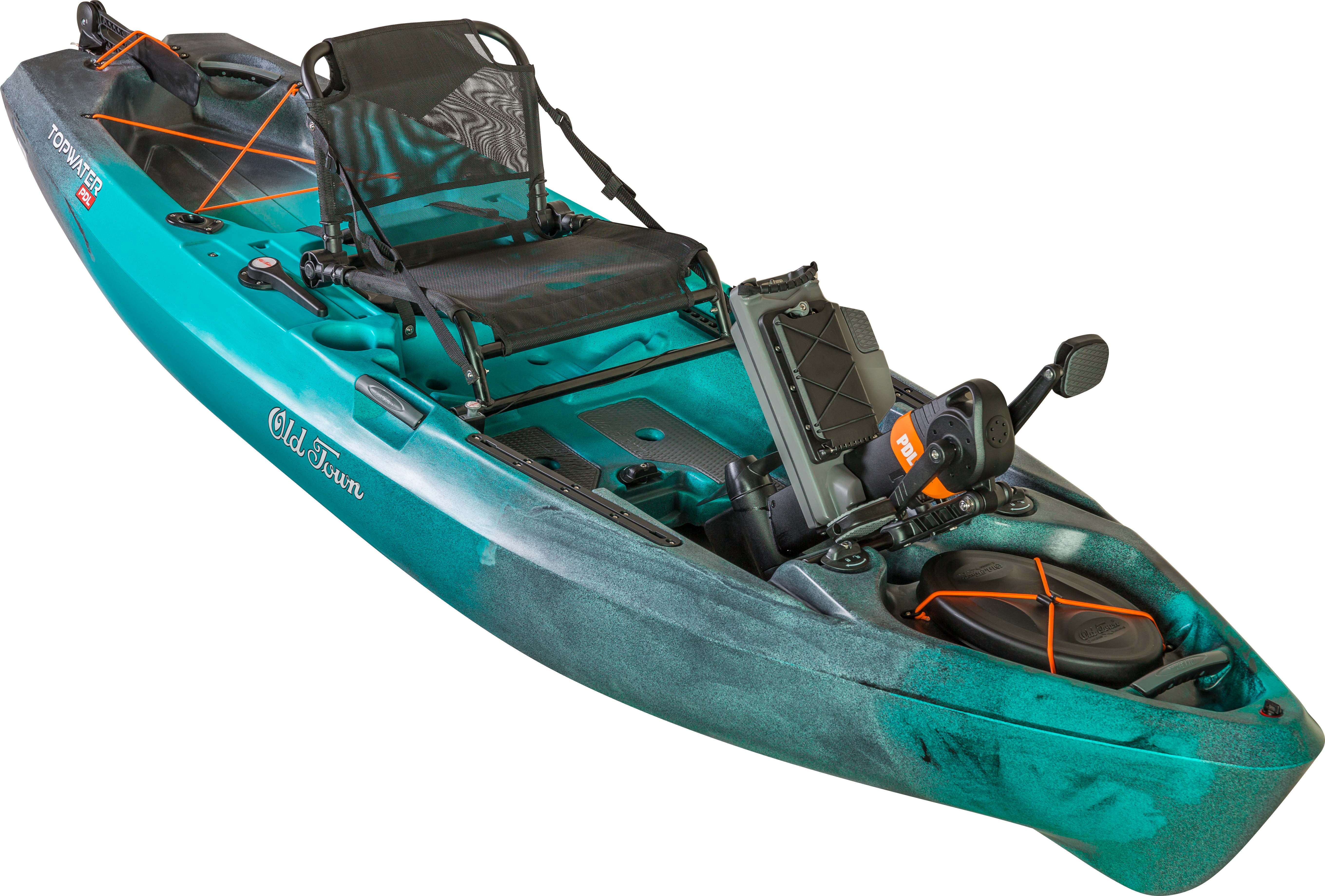 Topwater PDL<BR>
Old Town<BR>
$1,999<BR>
The Topwater PDL offers large fishing kayak performance in a compact, lightweight, nimble packageâ¦ with up to 450-pound capacity. 10 1/2 feet long, 36 inches wide and only 100 pounds fully outfitted.

 <Br><Br>

â¢             DoubleU Hull for precision handling in an ultra-stable, compact,  easy-to-transport size. Sneak up on fish in the quietest pontoon-style hull on the market.
<Br>
â¢             Maintenance-free, award-winning, forward/reverse PDL Drive with patent-pending easy-docking system and industryâs best warranty.
<Br>
â¢             Finally, a revolutionary universal transducer mounting system for simple fish finder installation.

<Br>â¢             Ultra-comfortable & breathable ElementAir seat with high/low positioning.
<Br>
â¢             Oversized stern tank well coupled w/ impressive hull capacity for one of the roomiest fishing kayaks on the market.
<Br>
â¢             Stay organized & easily access gear w/ two flush mount rod holders and thoughtfully-placed onboard rod and tackle storage.
<Br>
â¢             EVA foam deck pads for traction and all-day stand-up fishing comfort.

