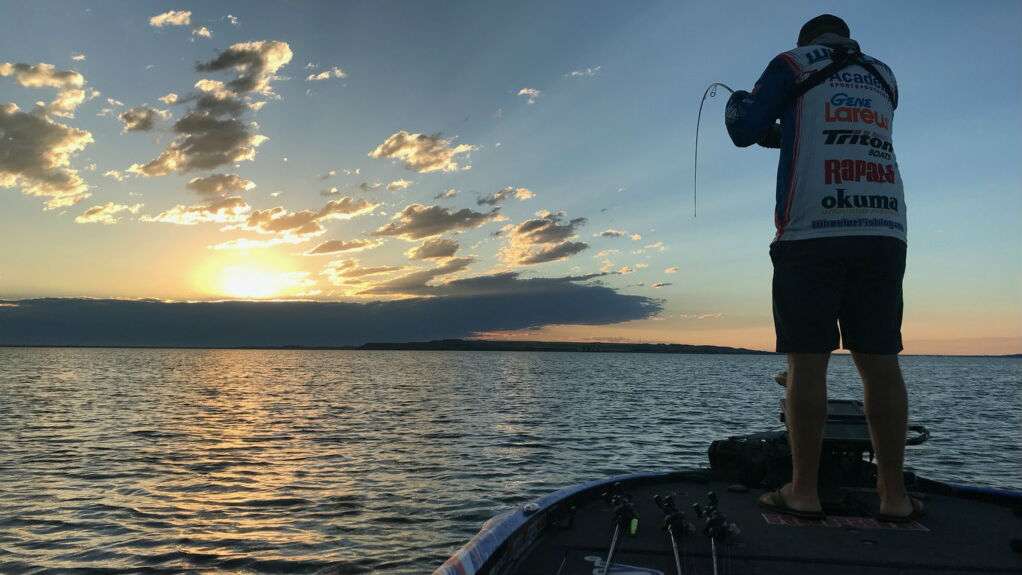 Jacob Wheeler gets the morning started off right by setting the hook into fish number one on a glorious South Dakota morning
