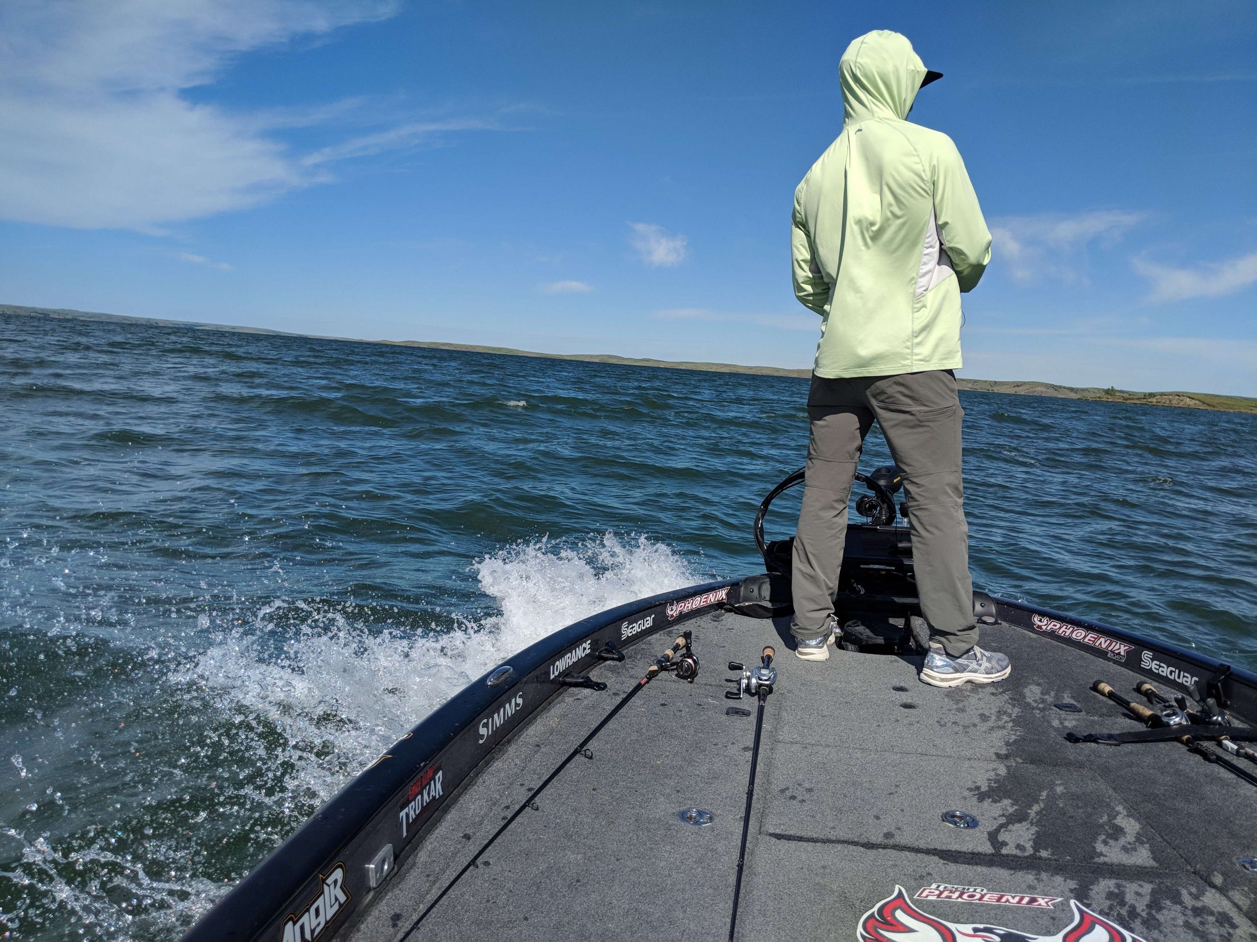 Oahe's calmest days are still rougher than most others. 3 small ones in the box for James Elam early this morning, now struggling to weed through the walleye and catfish to get the right bites.