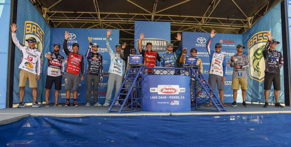 The Top 12 Elites who will compete on Championship Monday at the Berkley Bassmaster Elite at Lake Oahe presented by Abu Garcia. 