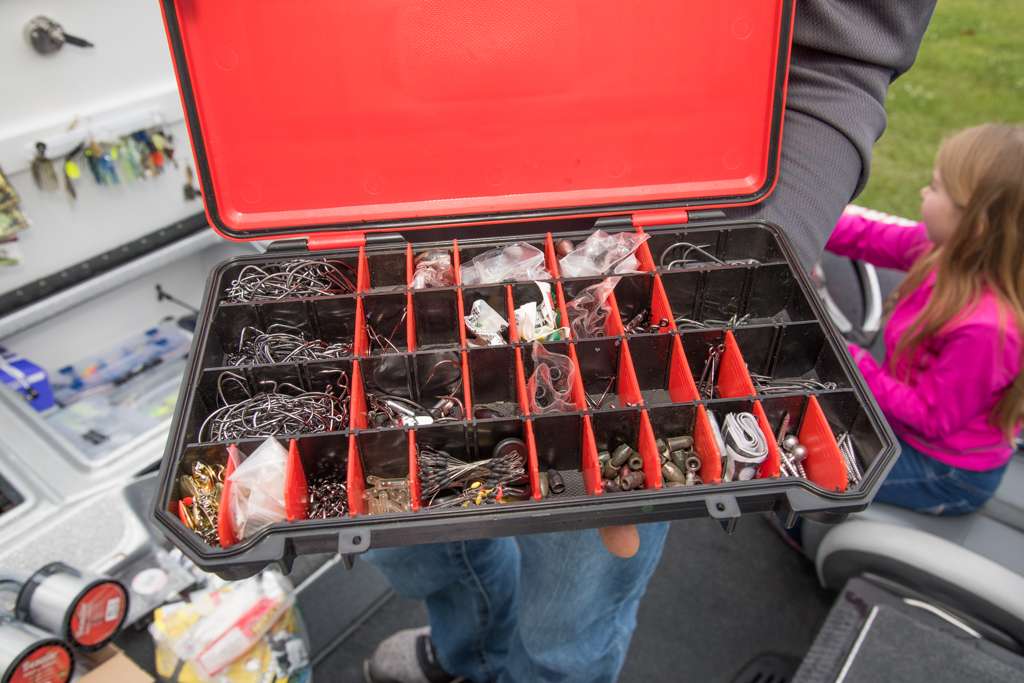 As a die-hard flipper, Bassmaster Elite Series rookie Caleb Sumrall keeps plenty of terminal tackle in his boat. He organizes it all in compartments so he can quickly determine hook sizes, and locate his weights and bobber stoppers.