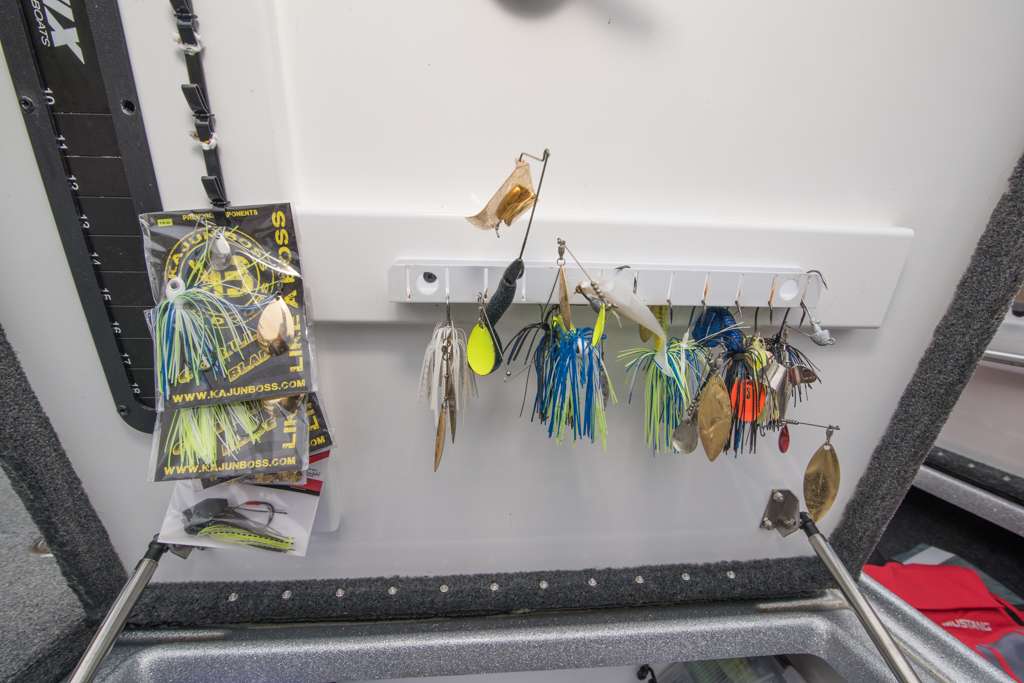 He can clip and hang spinnerbaits on the door of his Phoenixâs main storage locker so he can quickly change lures.