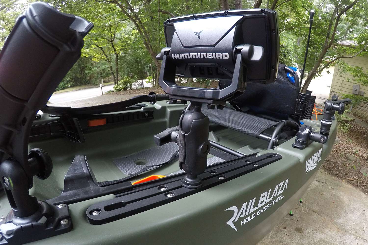 On the primary track that comes standard with the Topwater kayak is a Humminbird Helix 5. It's not yet hooked up to the transducer, but that's the next project. 