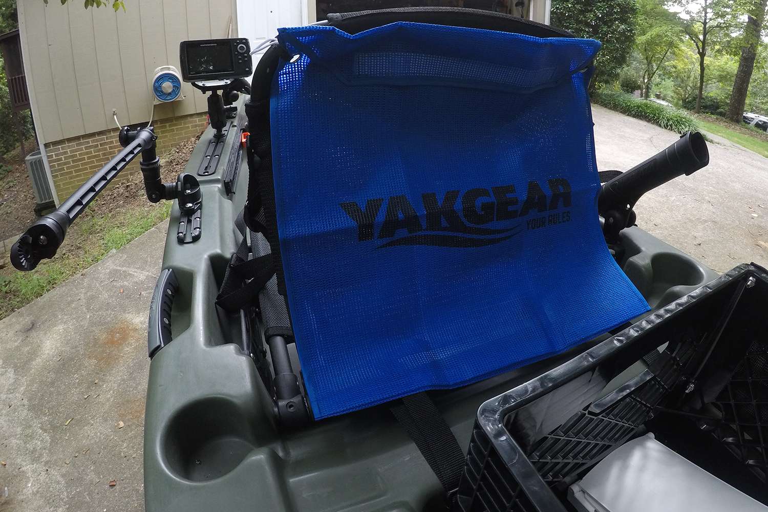 On the rear of the captain's chair is a YakGear storage bag, good for whatever you feel needs to be brought along: Extra tackle, clothes, food, water--you name it. Extra storage is always handy when fishing from a kayak.