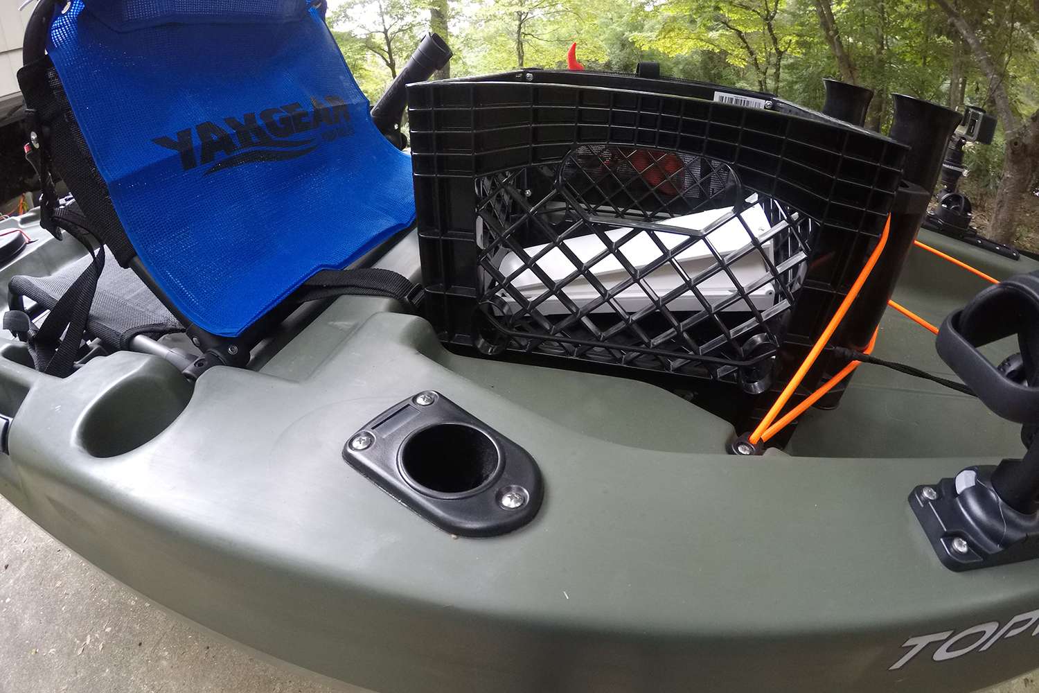 Behind the seat is a YakGear Kayak Angler Kit in Crate. It has rod holders and plenty of room for tackle trays. And whatever else you might need to have along.
