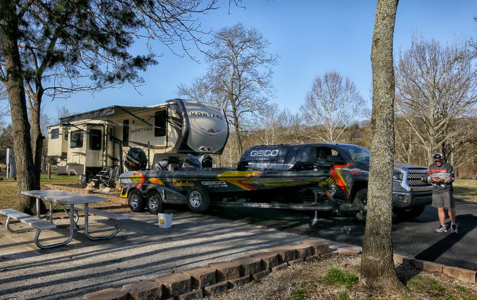 It takes a particularly long campsite to park the RV, boat, and Toyota Tundra. 
