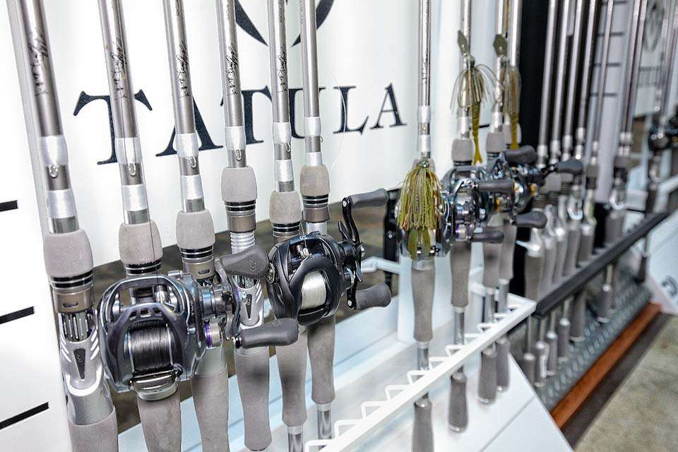 Most of his new Daiwa rods and reels are rigged and ready to go, while the others are waiting for their chance.
