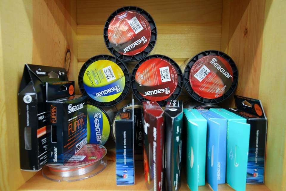 A cubby is filled with Seaguar line, ready to grab when needed.
